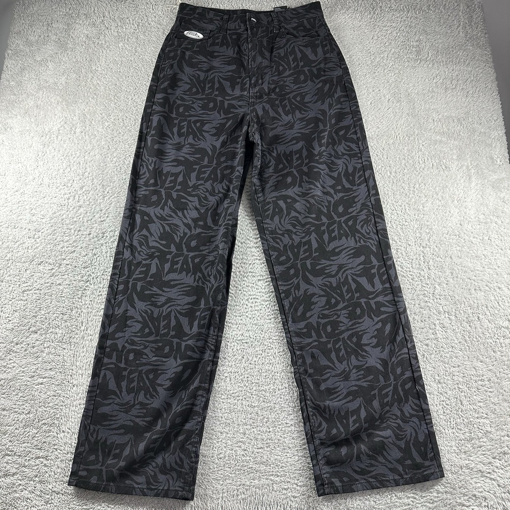 No Fear x H&M Jeans Womens 6 Black Logo AOP High Rise Baggy Loose Skater Retro